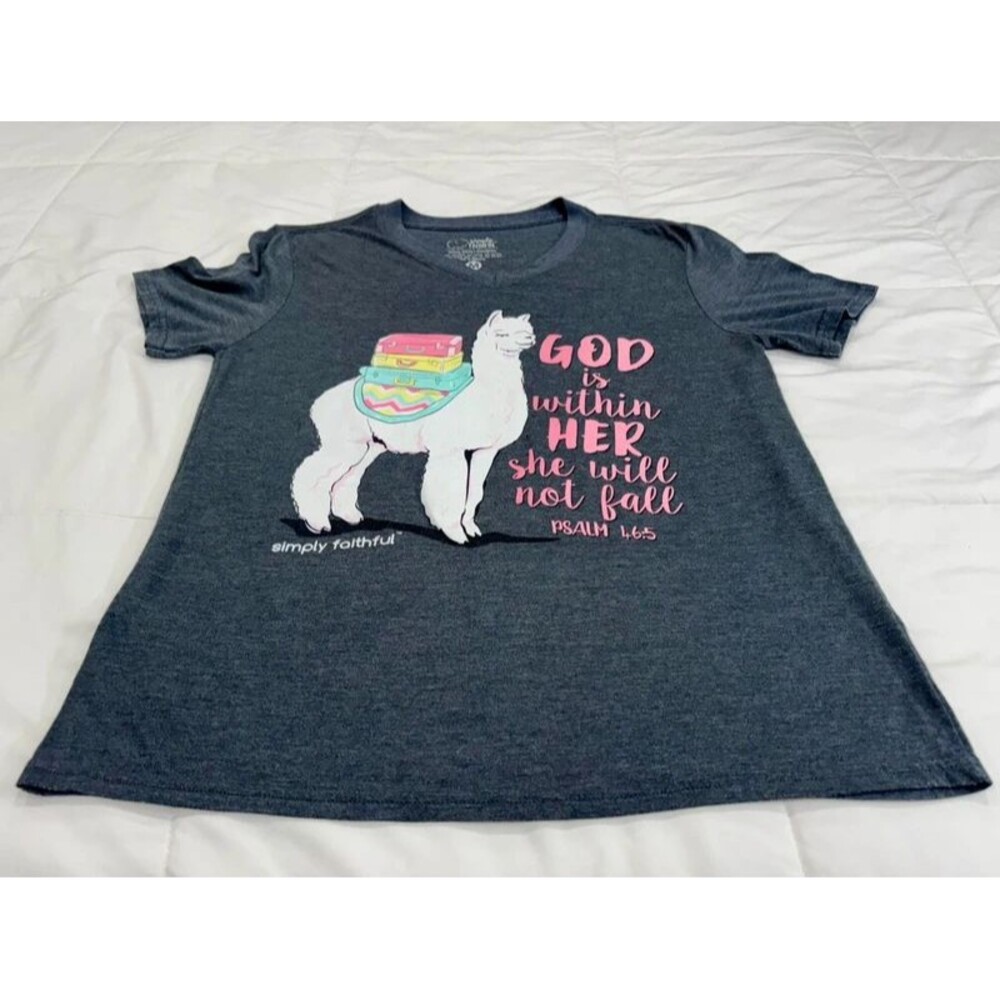 Ladies Simply Faithful Medium V-Neck Charcoal Tee with Llama